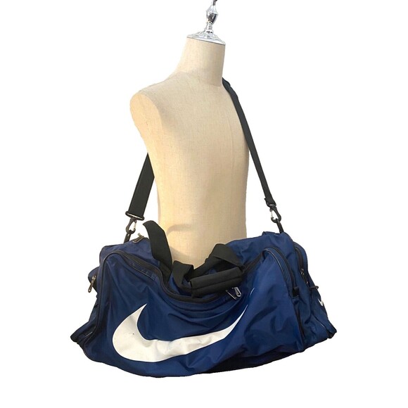 Vtg NIKE Duffel Gear Bag LARGE Blue White Center Swoosh Pockets Travel Sports